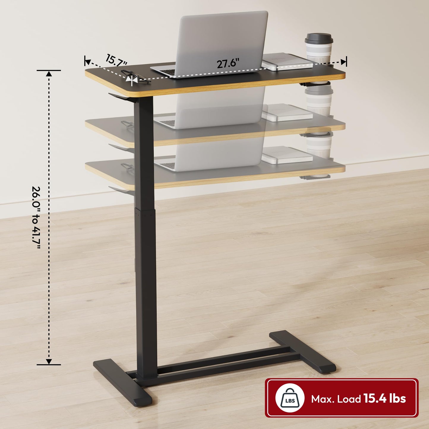 SANODESK Medical Adjustable Overbed Bedside Table with Hidden Casters, Pneumatic Mobile Laptop Computer Standing Desk Cart with Tray, Hospital and Home Use(27.6" W x 15.7" D, Black)