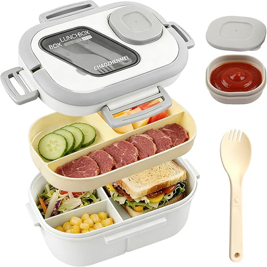 Adults Bento Lunch Box,Salad Container Large 43oz Salad Bowl, Bento-Style Tray for Toppings, 3oz Sauce Container for Dressings, and Built-In Reusable Fork (White)
