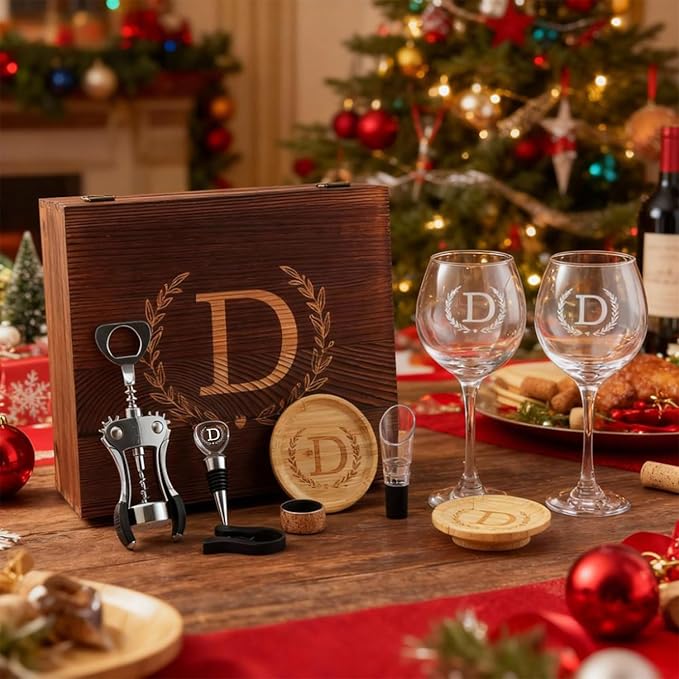 GZLDGIFTS Personalized Initial Wine Glasses Box Gift Set For Women Mom Engraved Birthday Monogrammed Wooden Christmas Gifts Wedding Anniversary Wine Couples Stopper Opener Initial Letterr (Y Set)