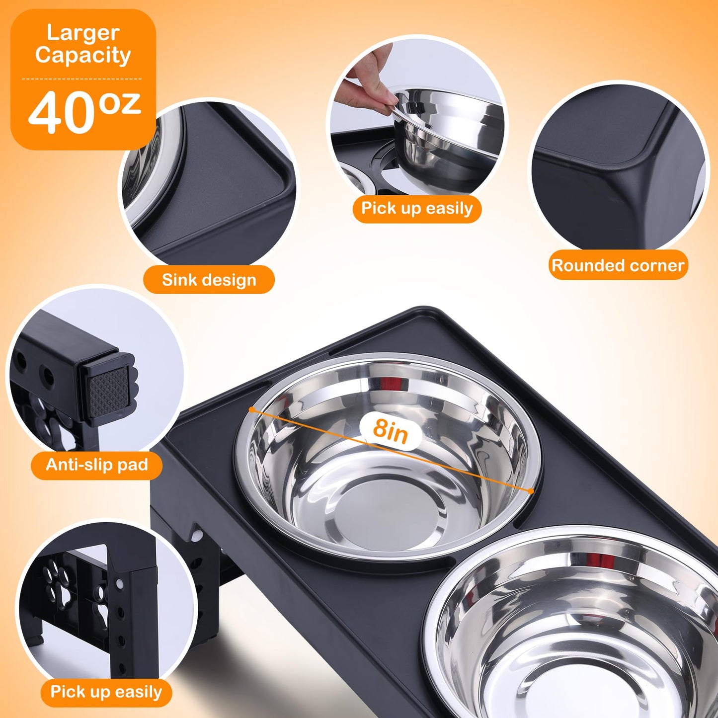 LALOBLUE Elevated Dog Bowls, Raised Dog Bowl with 2 Stainless Steel Dog Food Bowls, Dog Bowls Stand Adjusts to 5 Heights 2.95", 8.46", 9.65", 10.82", 12.01" for Small Medium Large Dogs Cats Pets,Black