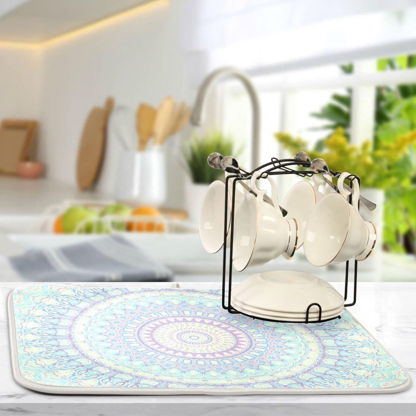Mandala Bohemian Dish Drying Mat for Kitchen Counter Boho Ethnic Absorbent Microfiber Drying Pad, Medium 16x18 in, Reversible Drainer Mats