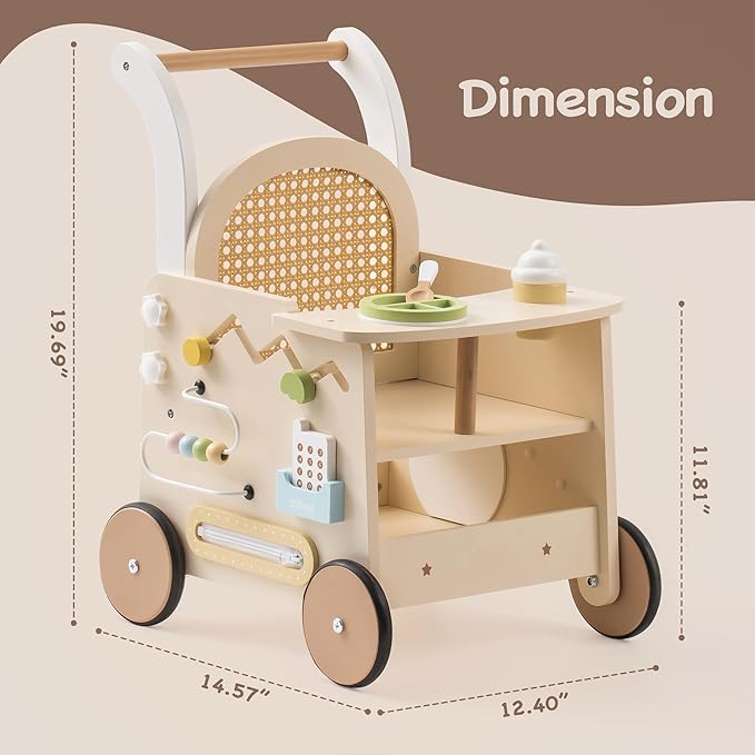 ROBOTIME Wooden Baby Walker, Baby Push Walker, Baby Activity Center Toys - Toddler Walking Activity Center Push Toys with Safety Brake, Baby Walker for Motor Skills (Rattan Doll Walker)