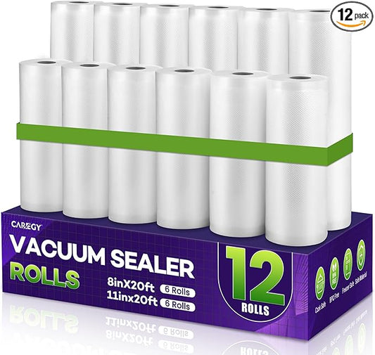 CAREGY Food Vacuum Sealer Rolls Bags 12 Pack 6 Rolls 8'' x 20' and 6 Rolls 11''x 20' Commercial Grade BPA Free Bag Rolls Embossed Food Saver Bags for Meal Prep,Sous Vide Cooking and Food Storage