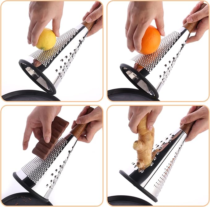 Cone Cheese Grater with Handle - Stainless Steel Triple Function Wood Handle Parmesan Shaver Non-Slip Rubber Bottom Hand Held Multifunction Vegetables Cheese Grater with container(XL:11.8" X 5.1")
