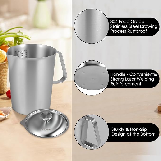 2 Pcs Stainless Steel Pitcher with Lid, 2 L/70 OZ Large Metal Measuring Cup with Marking and Handle, Large Mouth Graduated Beakers, Milk Frothing Jug Metal Pitcher for Coffee Latte Art, Hot/Cold Water