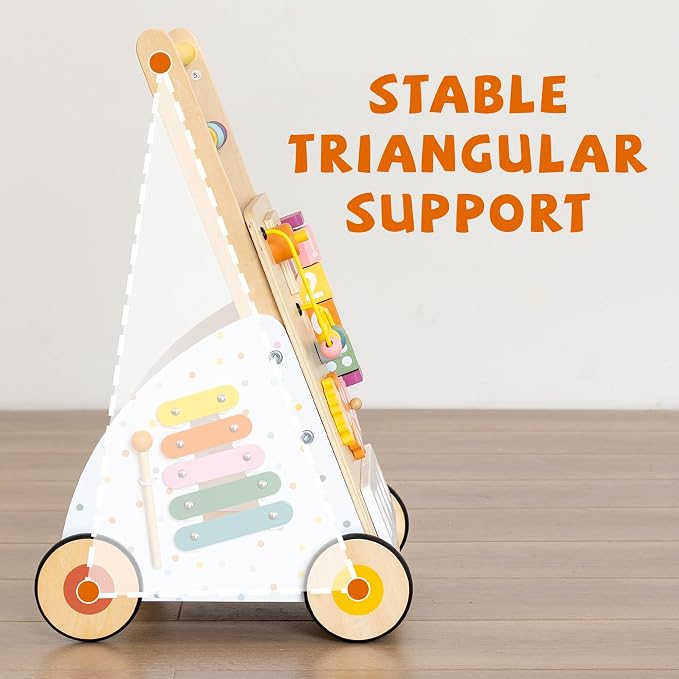Wooden Baby Walker with Activity Center – Montessori Push Walker Toys for Boys & Girls 18 Months+ – Educational Toddler Learning Walker with 10-in-1 Sensory Games