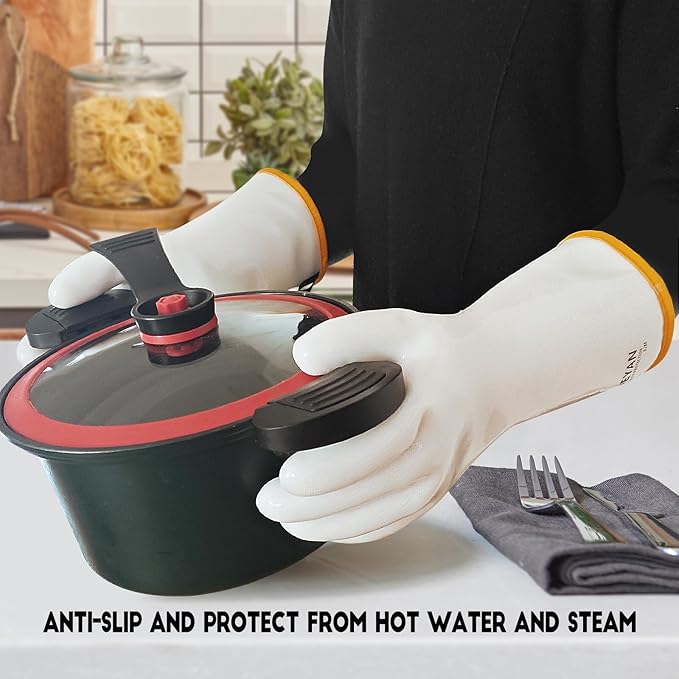DEYAN Silicone BBQ Gloves - 600°F Heat Resistant Oven Mitts for Grilling, Smoking & Baking - Waterproof, Oil Proof Non-Slip Kitchen Gloves for Cooking, Frying, BBQ Accessories (White, 10/XL)