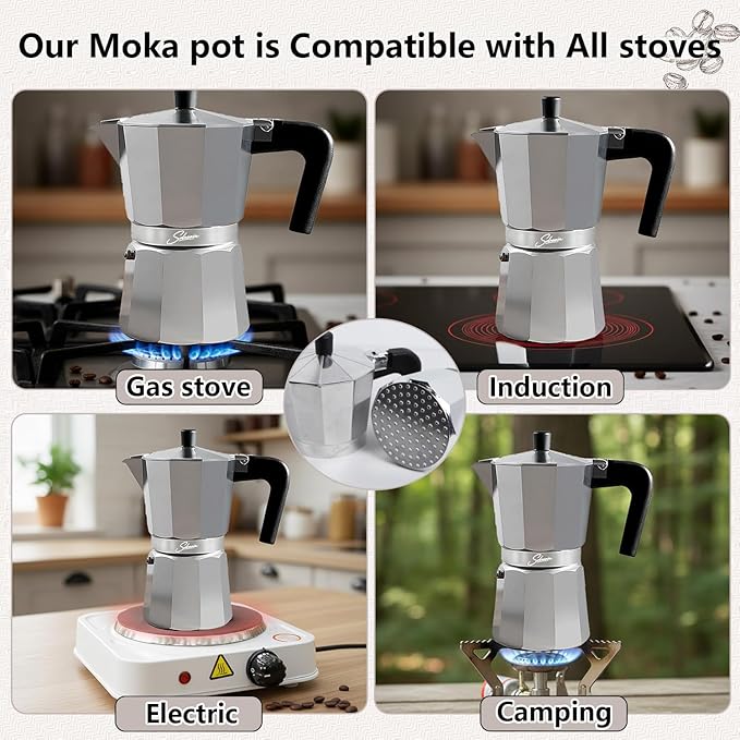 6 Cup Stovetop Espresso Maker Italian Moka Pot, Stove Top Cuban Coffee Maker, Greca Mocha Pot(Basic, 10 oz/300ml)