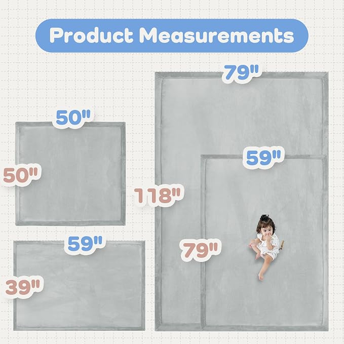 1.5" Thick Baby Play Mat for Floor Tummy Time, 50"x 50" Pro Soft Baby Activity Playmats Playroom, Easy Care with Non-Slip Safe for Infant Toddler Kids Crawling(Light Grey)