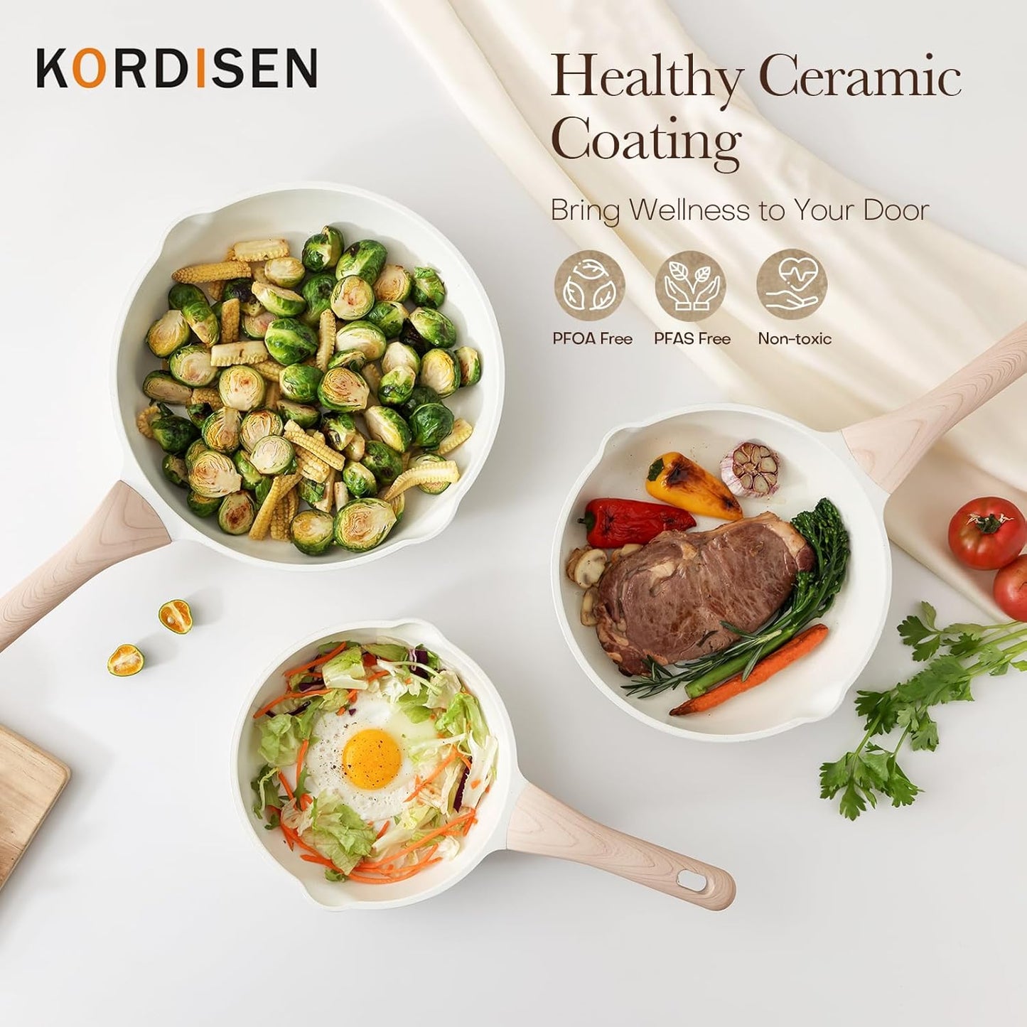 Nonstick Ceramic Frying Pan with Lid, 12.5 Inch Ceramic Large Skillet with Lid, Healthy Non Toxic Cooking Pan, Stay-Cool Handle, Induction Compatible, PFOA & PFAS Free, White