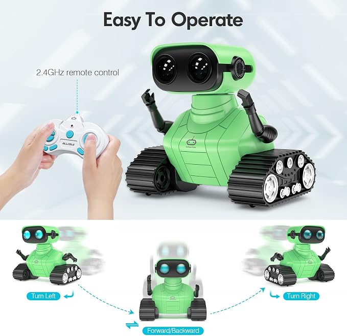 ALLCELE Robot Toys, Rechargeable RC Robot for Boys and Girls, Remote Control Toy with Music and LED Eyes, Gift for Children Age 3 Years and Up - Green