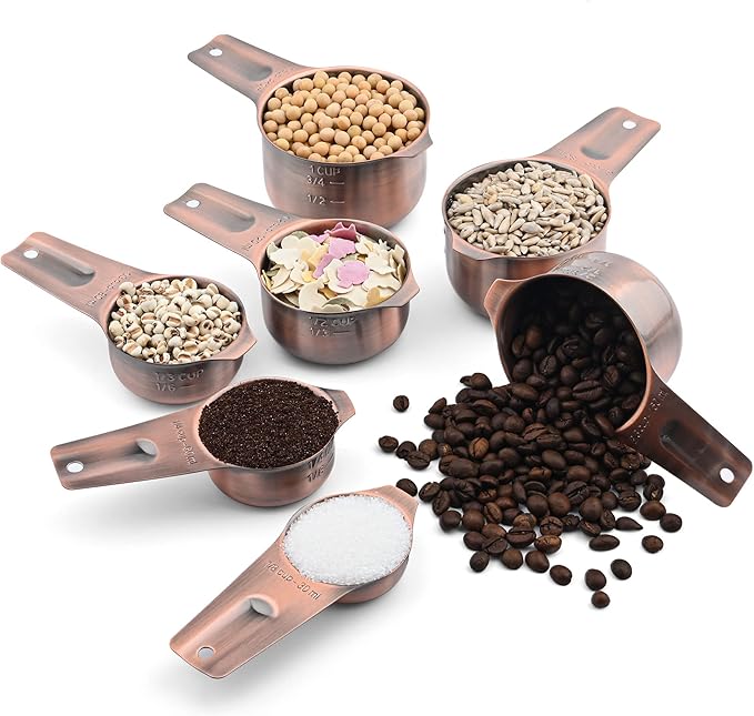 Copper Measuring Cups Set 7, Stainless Steel Measuring Cups for Kitchen & Baking, Metric & US Measuring Tools for Dry and Liquid, Metal Measure Cups with 1/8, 1/4, 1/3, 2/3, 3/4 Cup