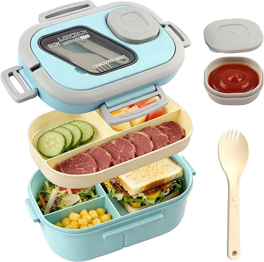 Adults Bento Lunch Box,Salad Container Large 43oz Salad Bowl, Bento-Style Tray for Toppings, 3oz Sauce Container for Dressings, and Built-In Reusable Fork
