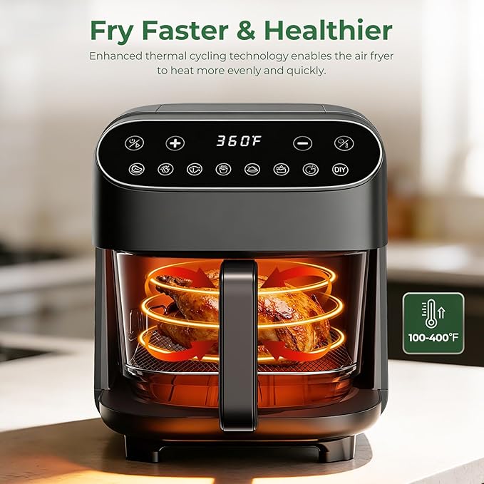 5 Quart Glass Air Fryer, Non Toxic & Uncoated High Borosilicate Glass Basket, Airfryer with Transparent Fry Bowl, 8 Preset Modes, PTFE/PFAS Free, BPA-Free, Dishwasher Safe, Black