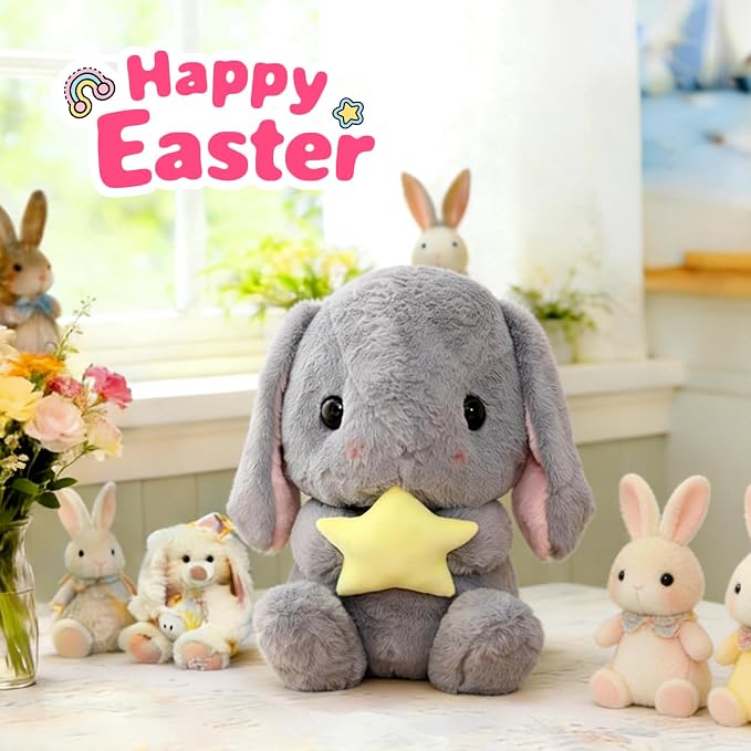 HOUPU Soft Toy - Sitting Lop Eared Rabbit, Easter White Rabbit Stuffed Bunny Animal with Carrot Soft Lovely Realistic Long-Eared Standing Pink Plush Toys (Gray-Star,12.5in/32cm)