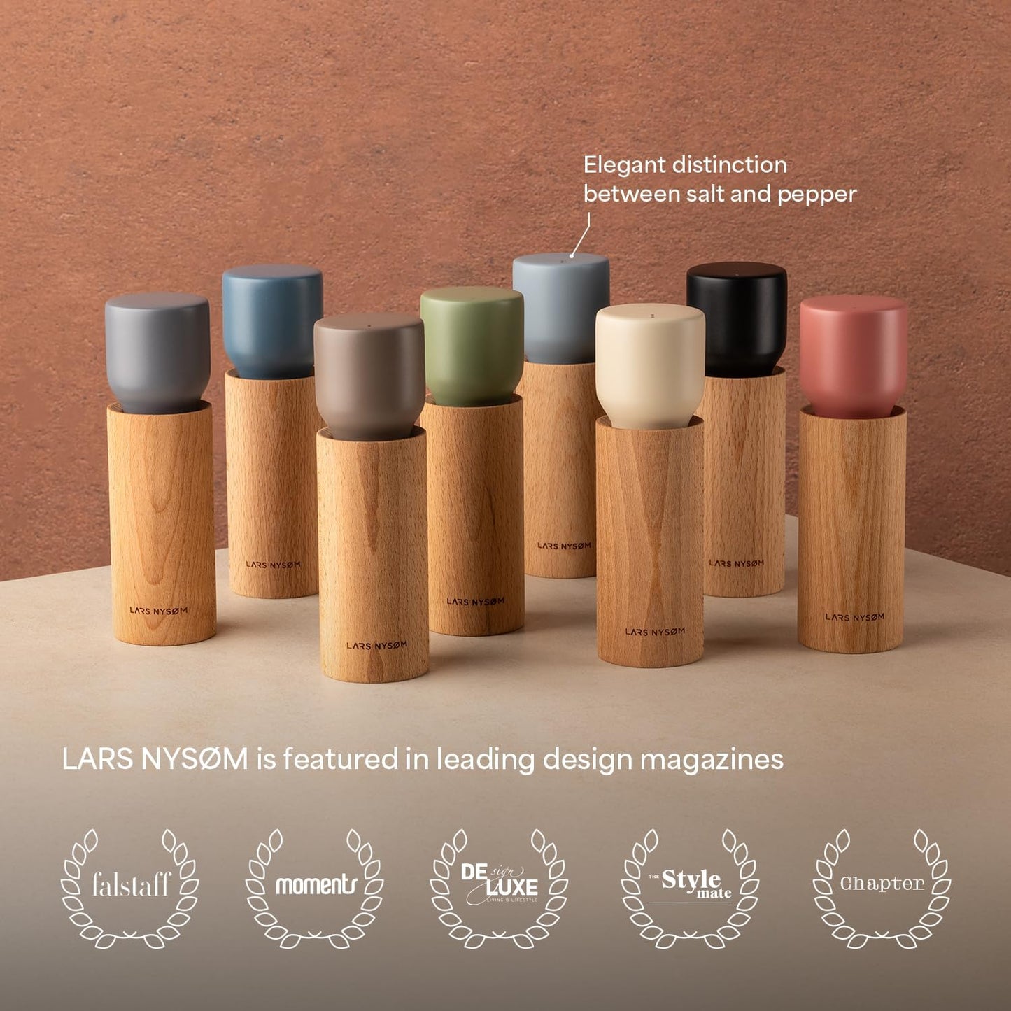 LARS NYSØM Wooden Salt and Pepper Grinder Set Manual with Tray - Salt and Pepper Mills with Adjustable Ceramic Grinder - Elegant Beechwood Pepper and Salt Mill Set for Dining Table (Blue/Gray)