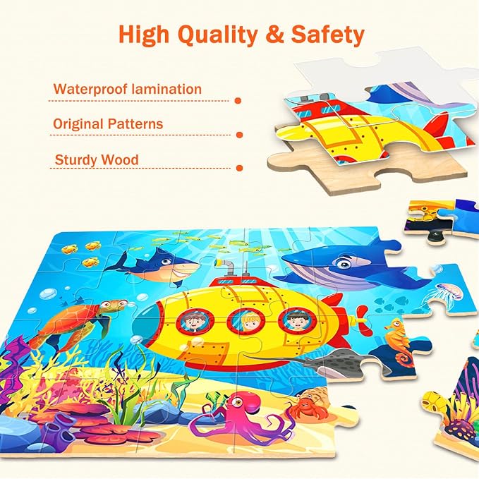 Wooden Puzzles for Kids Ages 4-6, 24 Pieces Dinosaur, Undersea, Wildlife, Farm Jigsaw Puzzles for Kids Ages 3-5. 4 Pack Toddler Puzzles Toys for Boys and Girls Ages 3,4,5,6 Year Old