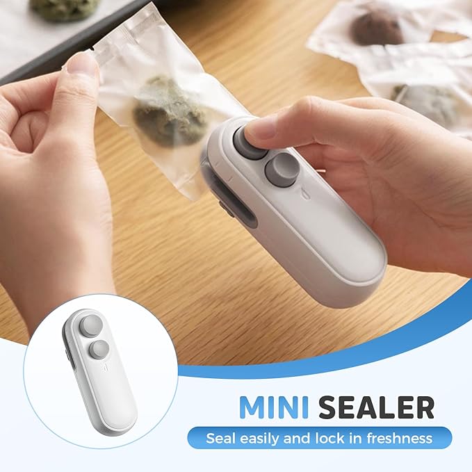Mini Bag Sealer, Upgraded 2 in 1 Mini Bag Sealer with Cutter and Magnet, Magnetic Portable Plastic Bag Sealer for Snacks, Chips, Food Freshness Storage (2, White+Black)