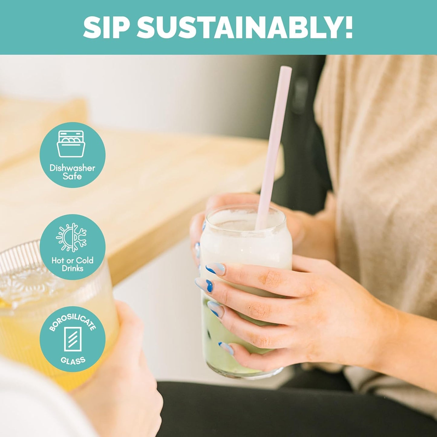 Simply Straws 6 Inch Glass Straws Bent (6-Pack) – Reusable Glass Straws for Low Balls & Stemless Glasses, with Cleaning Brush – Dishwasher Safe, Hot & Cold Use, BPA-Free (Meadow)