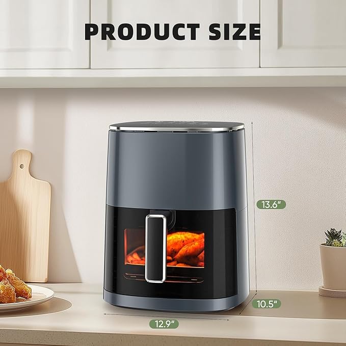 Hexago Air Fryer-6.34 QT Large Airfryer with Clear Window, 12-in-1 Air Fry, Roast, Reheat, Dehydrate, Bake, Steam with 400F, Touchscreen Controls, Gray
