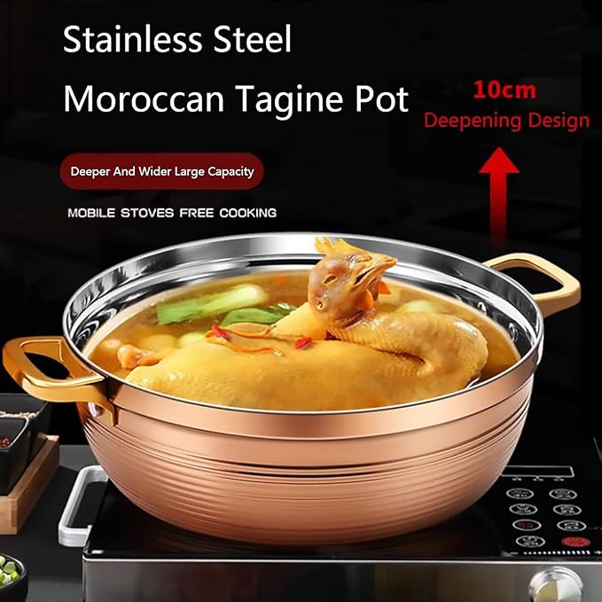 Moroccan Tagine Cooking Pot,Stainless Steel Non Stick Moroccan Casserole with 2 Handles,Large Moroccan Cooker Handmade Tagine Pot with Cone-Shaped Lid(29cm, Rose Gold)