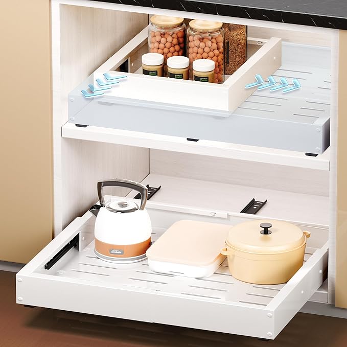 2 Pack Pull Out Cabinet Organizer, Slide Out Drawer Expandable Width (12"-19") and Depth (17"-23") With 3 Slides, Fixed with Adhesive Film or Nail for Cabinets in Kitchen, Pantry or Bathroom