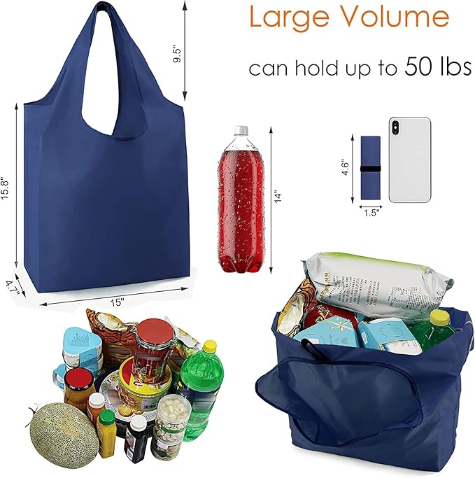 BeeGreen 20 Pack Navy Blue Reusable Grocery Bags with Storage Pouch Wholesale Reusable Shopping Bags Bulk w Elastic Band 50LBS X-Large Foldable Tote Bags Machine Washable-Heavy Duty Cloth Bags
