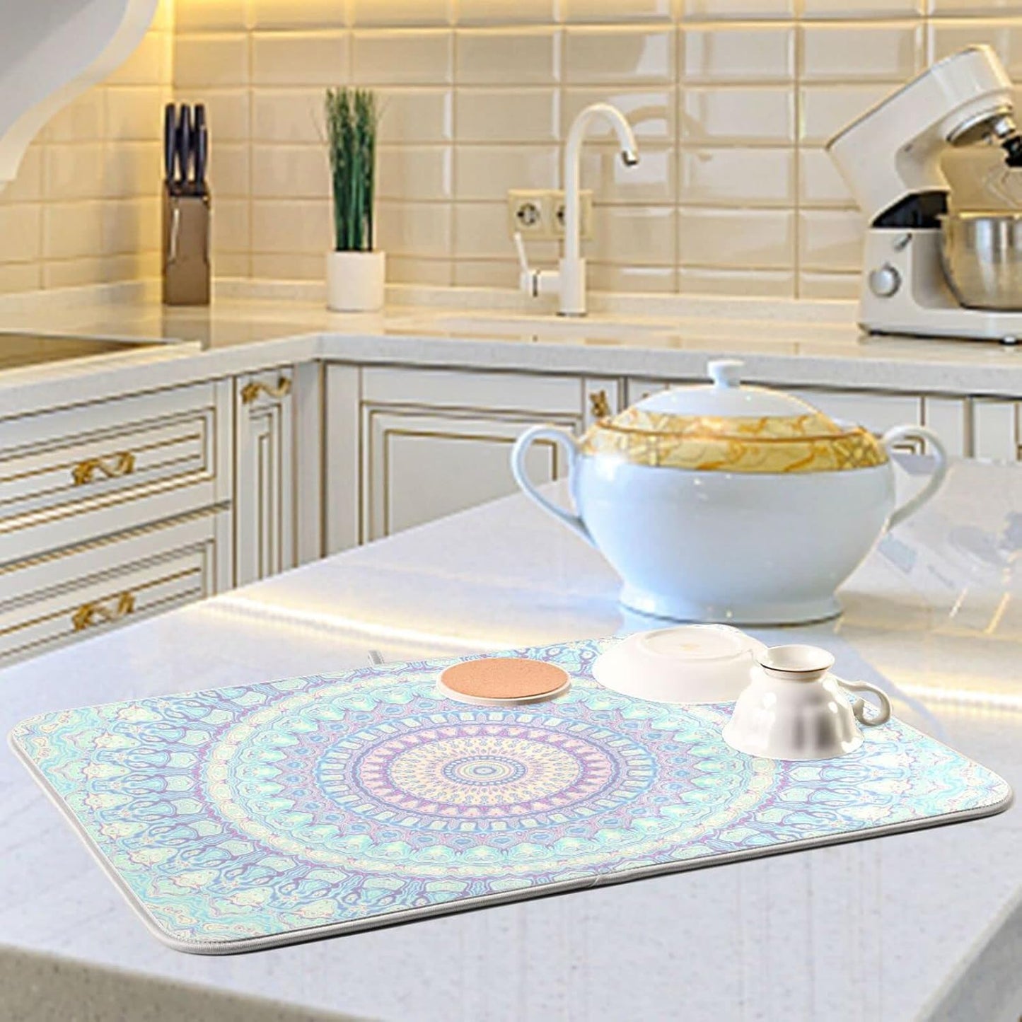 Mandala Bohemian Dish Drying Mat for Kitchen Counter Boho Ethnic Absorbent Microfiber Drying Pad, Large 18x24 in, Reversible Drainer Mats