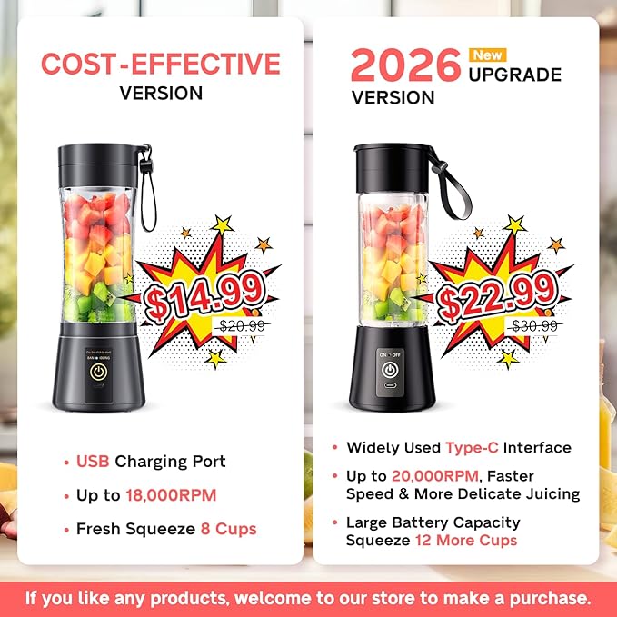 Portable Blender for Smoothies & Shakes - Cordless Personal Size Blender with 6 Blades, 380Ml Juice Cup, Lightweight & Rechargeable, Freshly Squeezed for Picnic/Sports/Office