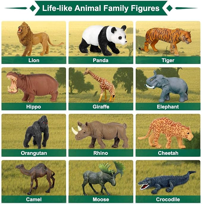 Safari Animal Toys Figures, 12 PCS Realistic Jumbo Wild Jungle Animals Figurines, Large African Zoo Animal Playset with Lion,Elephant,Giraffe, Plastic Animal Learning Toys for Kids Toddlers Boys