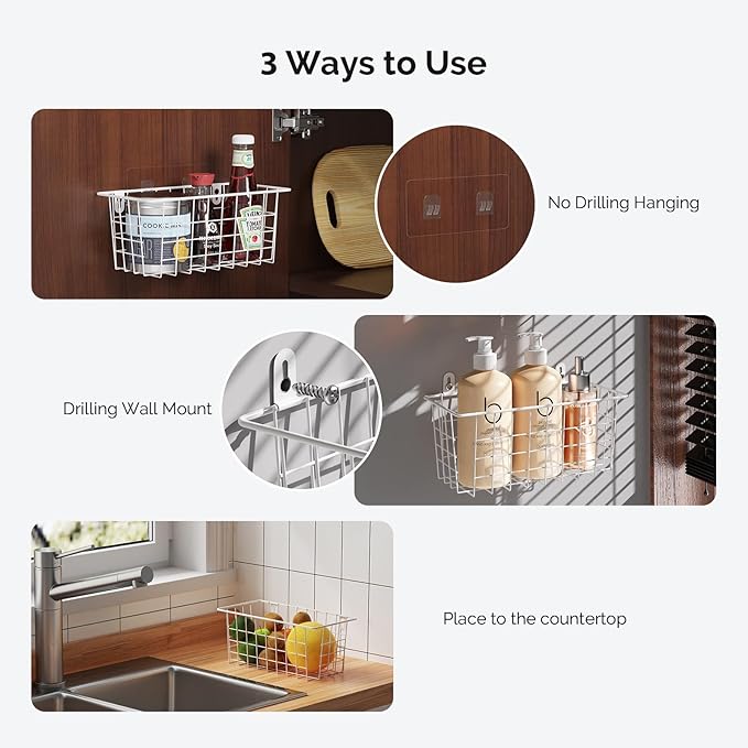 MaraFansie Hanging Kitchen Baskets Wire Storage Basket Adhesive and Screws Basket Over the Cabinet Door Organizer with Adhesive Strips and Screws Accessories, 2 Installations, 2 Pack, White