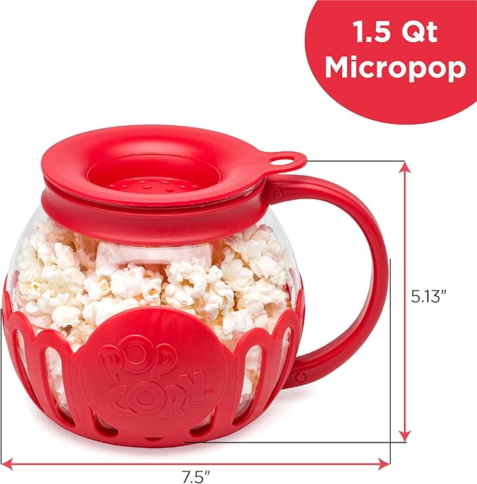 Ecolution Patented Micro-Pop Microwave Popcorn Popper with Temperature Safe Glass, 3-in-1 Lid Measures Kernels and Melts Butter, Made Without BPA, Dishwasher Safe, 1.5-Quart, Red