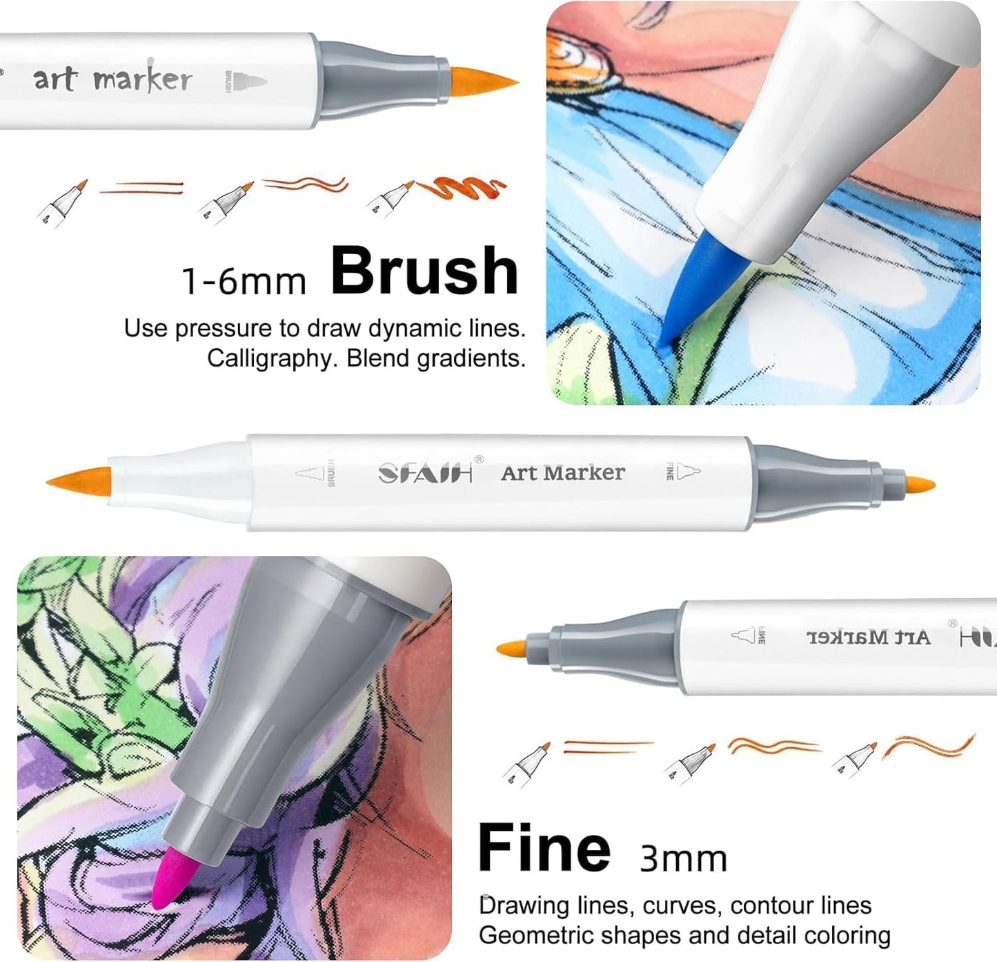 SFAIH Alcohol Markers Brush & Chisel Tip 321 Set - Dual Tip Professional Artist Markers for Adult Coloring Books, Illustration, Manga, Animation, Architecture Sketching - Refillable Ink
