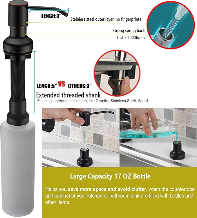Soap Dispenser for Kitchen Sink, Kitchen Hand Soap Dispenser Pump Oil Rubbed Bronze, Countertop Soap Dispenser Pump with 47" Extension Tube kit, Built in Refill from The Top+17 OZ Bottle