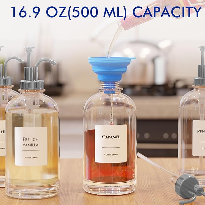 16.9 oz/500 ml Coffee Syrup Dispenser Set - 4 Glass Bottles with Silver Pumper and Syrup Labels - Precise Dispensing and Stylish Addition to Coffee Shop, Cafe or Home Bar