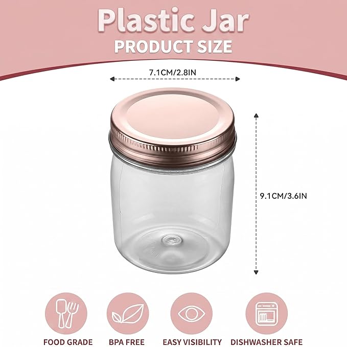 novelinks 8 oz Clear Plastic Jars with Airtight Lids, 48 Pack Plastic Mason Jars with Lids 8oz, Refillable Storage Slime Containers & Small Spice Jar for Kitchen Organization (48 Pack,Rose Gold)