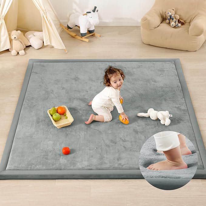 1.3" Thick Baby Play Mat for Floor Playpen, 71x79 Large Foam Tummy Time Mat, Padded Support Soft Plush Nursery Rug for Infant Kids Toddler Crawling Kick Activity (Light Grey)