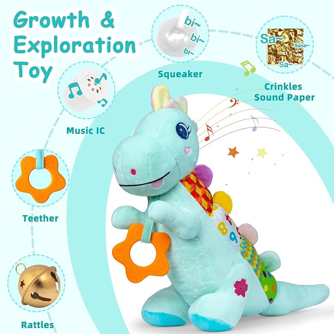 Baby Dino Plush Soft Stuffed Animal Toy for 0-3-6-12+ Months,Infant Musical Toy with Rattle,Squeaker,Sensory Crinkle,Teether & Textures,Tummy Time Toys Christmas Baby Gift for Newborn Girl Boy (Blue)
