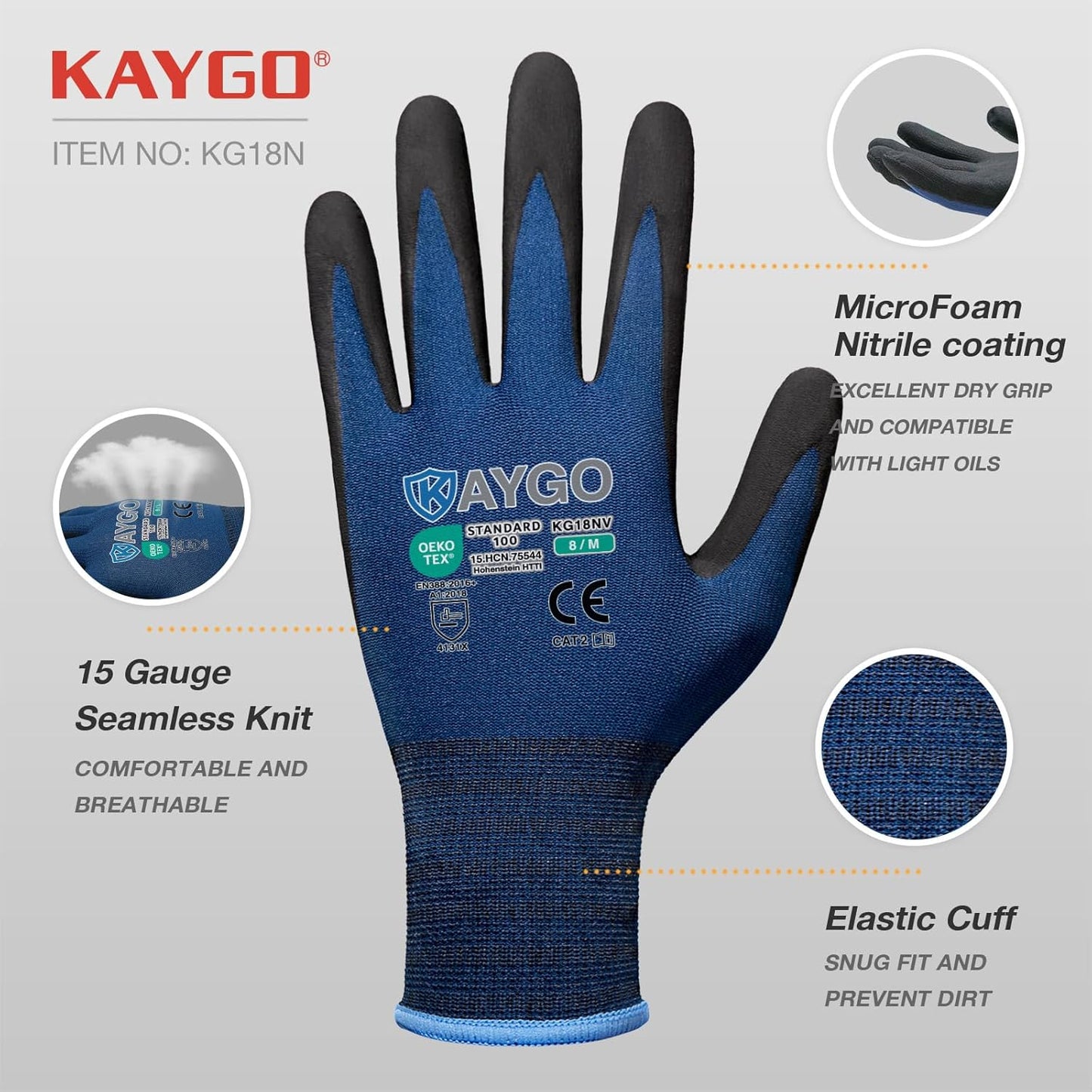 KAYGO Safety Work Gloves MicroFoam Nitrile Coated-12 Pairs, KG18NB,Seamless Knit Nylon Glove with Black Micro-Foam Nitrile Grip,Ideal for General Purpose,Automotive,Home Improvement, Dark Blue, S