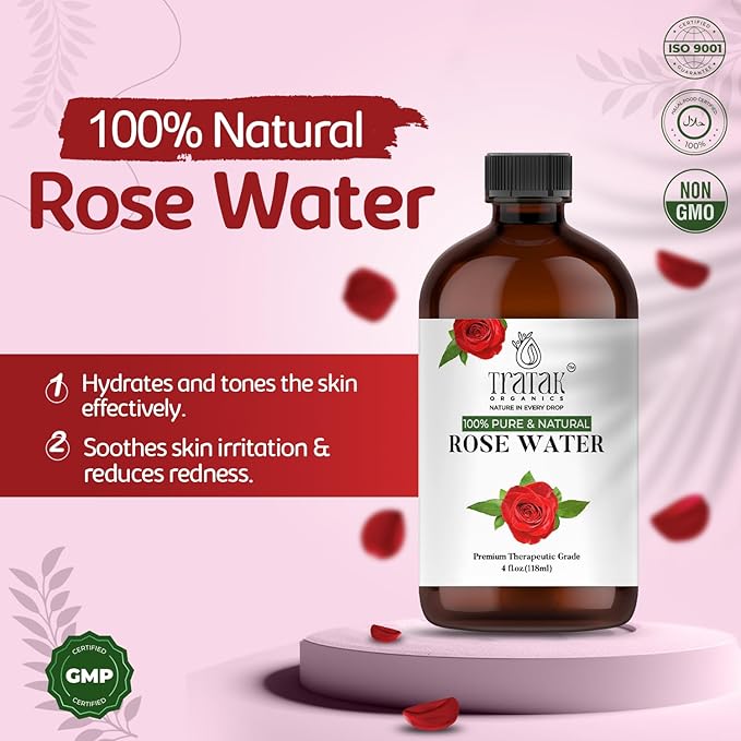 Rose Water 4 fl oz (118 ml) Organic Refreshing Rose Water Spray for Face & Skin Hydration, Pure Rosewater for Hair & Makeup Setting Spray, Reduce Eye Puffiness, Dark Circles & Redness, Huge 4 oz