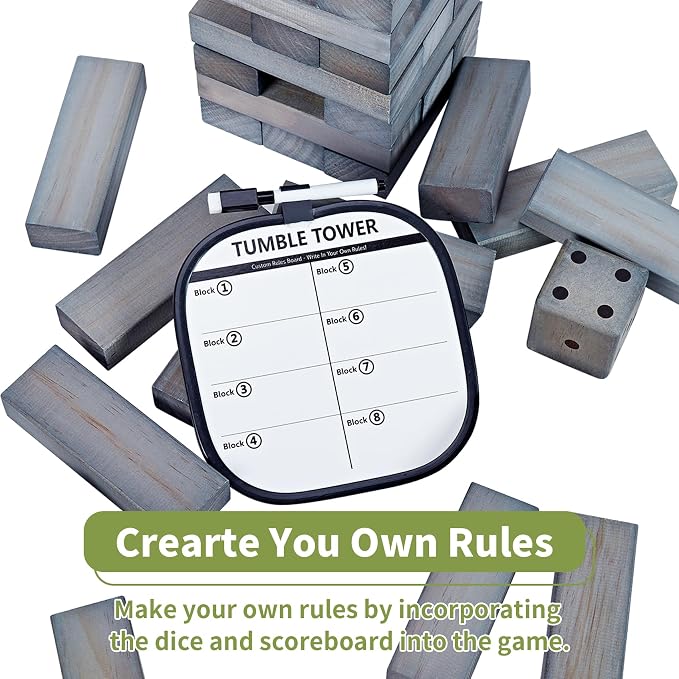 ApudArmis 54 PCS Tumble Timber Set Up to 3.2FT, Pine Wooden Tumble Tower Game with Dice and Scoreboard Set - Classic Block Stacking Board Game for Adults Teenagers (Gray)