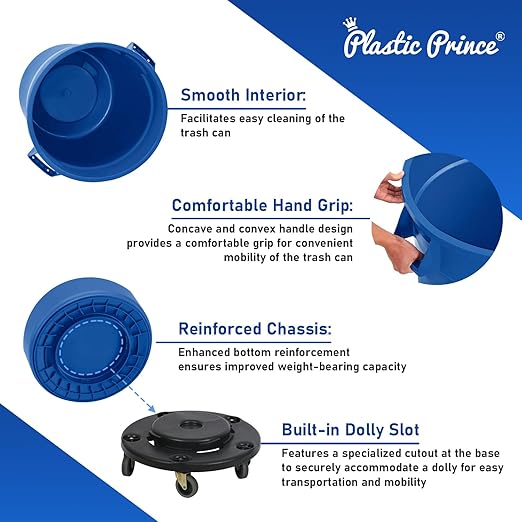 PLASTIC PRINCE 20 Gallon Round Trash Can Container Blue Plastic Commercial Garbage Bin for Home Garage Restaurants Warehouses