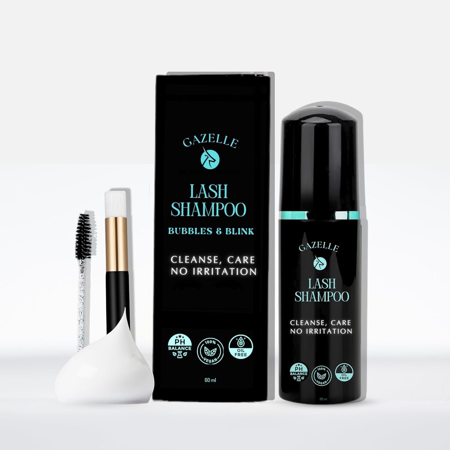 Gazelle Lash Shampoo with Brush – Gentle, Oil-Free Foaming Eyelash Extension Cleanser & DIY Lashes – Lash Cleaning Kit Removes Makeup, Dirt & Oil – No Irritation, No Burning – Salon & Home Use