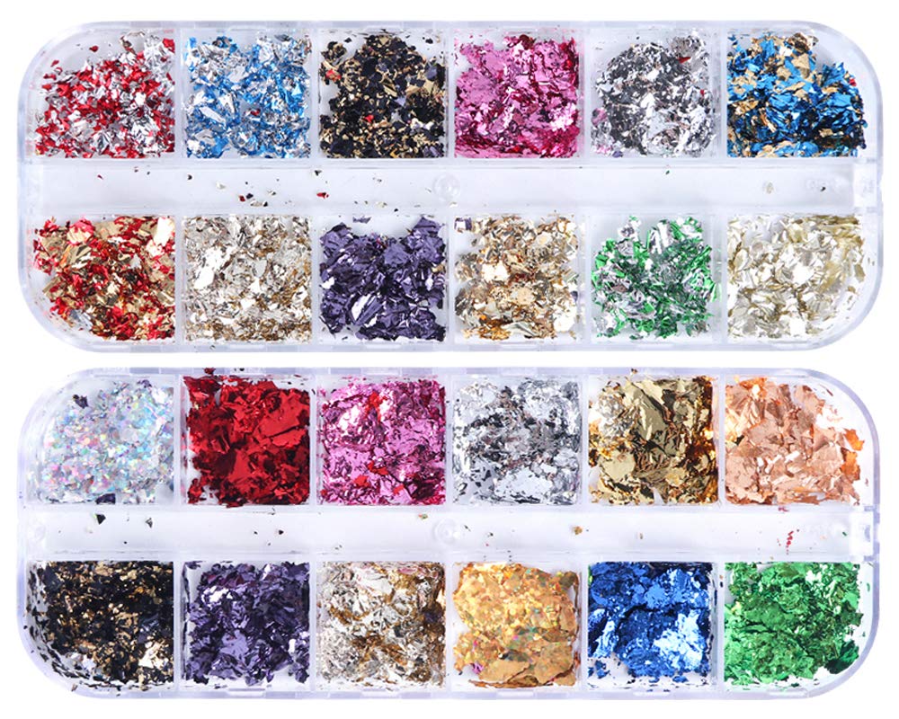 AUOCATTAIL 24 Grids Foil Nail Art Holographic Aluminum Nail Foil Flakes Stickers Nail Sequins 3D Glitter Decoration DIY Design Accessories Rainbow Nail Art Supplies Gold Nail Decals
