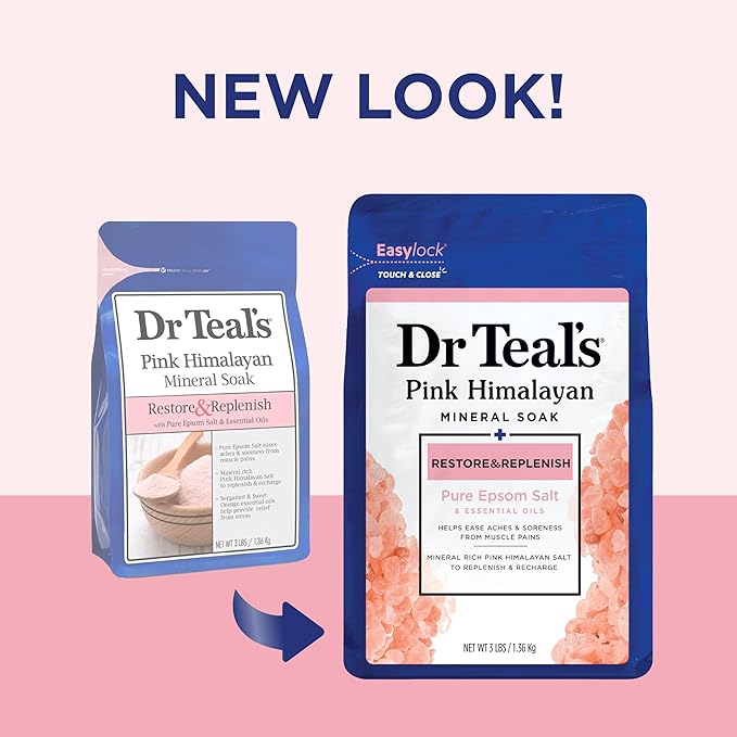 Dr Teal's Salt Soak with Pure Epsom Salt, Restore & Replenish with Pink Himalayan Mineral, 3 lbs (Pack of 2)
