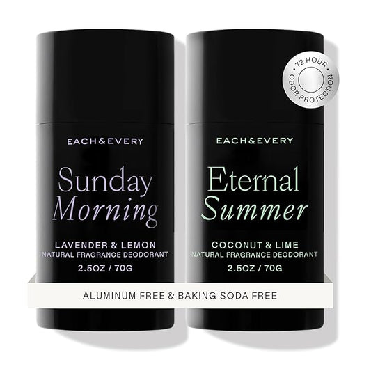 Each & Every Aluminum Free Deodorant for Women & Men, Lavender & Lemon + Coconut & Lime - All Natural Deodorant for Sensitive Skin, EWG Verified - Clean, Baking Soda-Free, Plant-Based - 2.5oz, 2 Pack