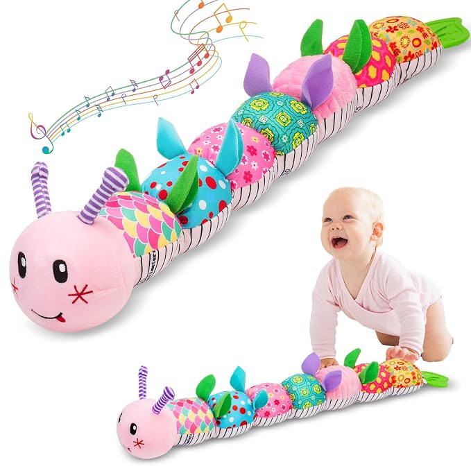 Baby Toys 0-12 Months, Caterpillar Musical Plush Stuffed Toy for Infant, Animal Soft Rattle Sensory Toys with Teether for Tummy Time, Newborn Boy& Girl Shower Birthday Christmas Valentines Gift
