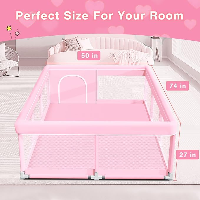 Pink Baby Playpen 74x50 Inches Playpen for Little Princess Play Yards Indoor & Outdoor Sturdy Safety Baby Girls Play Pen with Soft Breathable Mesh Toddlers Activity Center with Anti-Slip Base