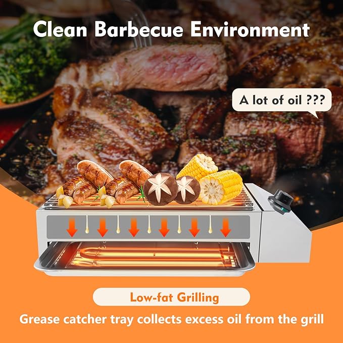 Electric Indoor Grill 1800W, 2 in 1 Smokeless Indoor Stainless Steel Grills with Non-stick Removable Grill & Grease Catcher Tray, 122-302°F Temperature Control Portable Flat Top Korean BBQ Grill