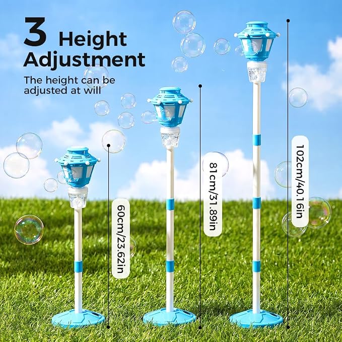 2026 New 47" Rechargeable Automatic Bubble Maker with Light and Music for Outdoor, Adjustable Height Stand with Detachable Wand, Bubble Solution Included for Party (Blue)